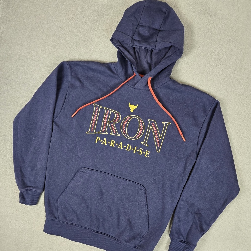 Under Armour Project Rock Hoodie Mens Small Blue Iron Paradise Bull Logo 1380115